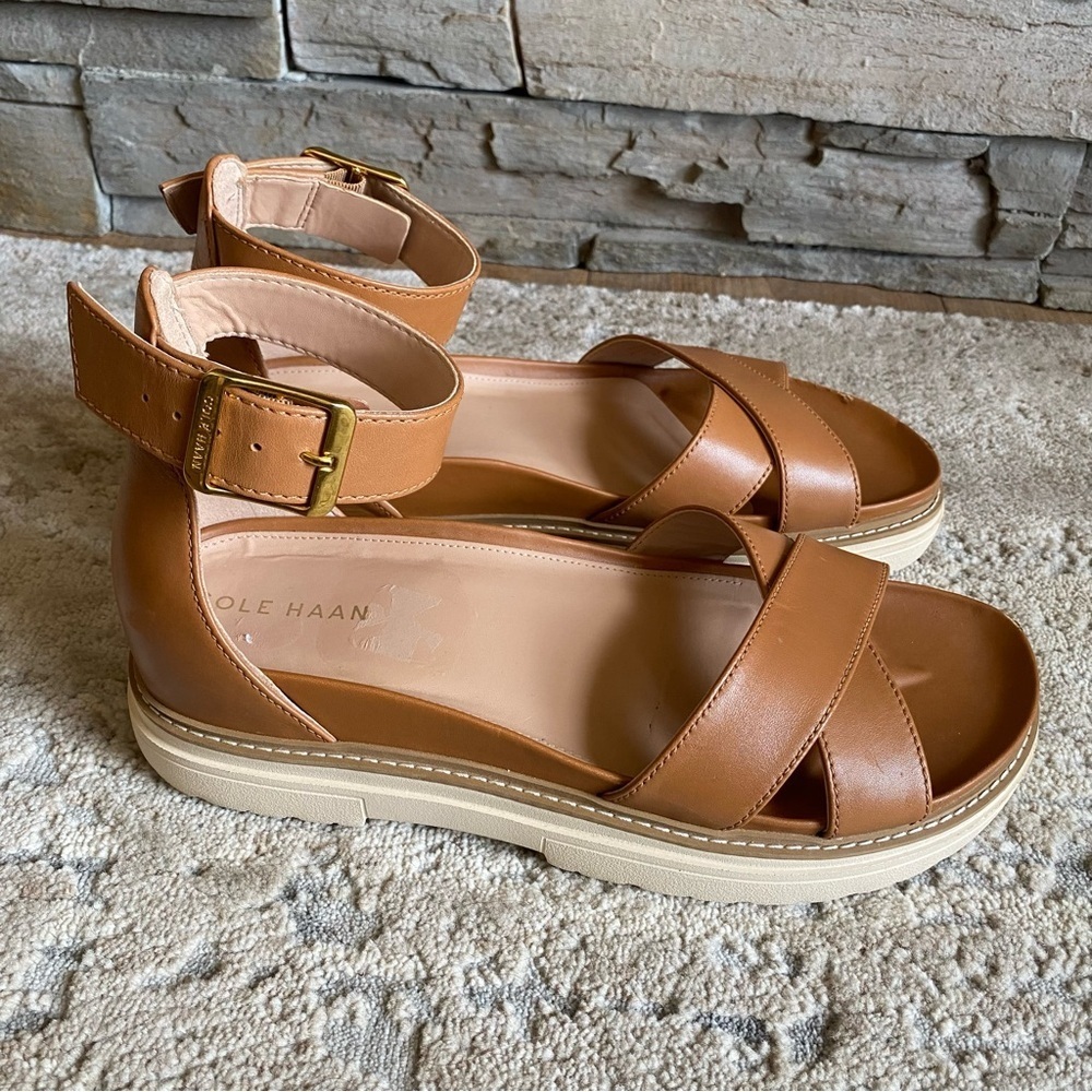 Cole Haan Fraya Platform Leather Sandals Ankle Strap Camel Tan Open Toe: 9B - Picture 4 of 10